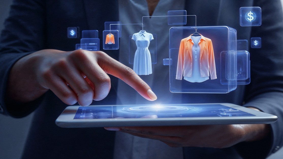 Hand selecting holographic product cards above a tablet