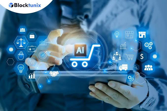 AI-powered commerce icons connected around a tablet